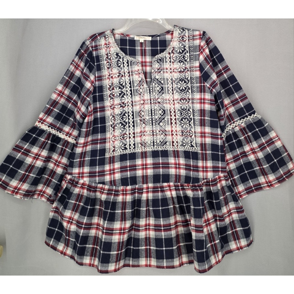 Andree By Unit Women Plaid Embroidered Tunic Boho Bell Sleeve Flannel Blue Red L